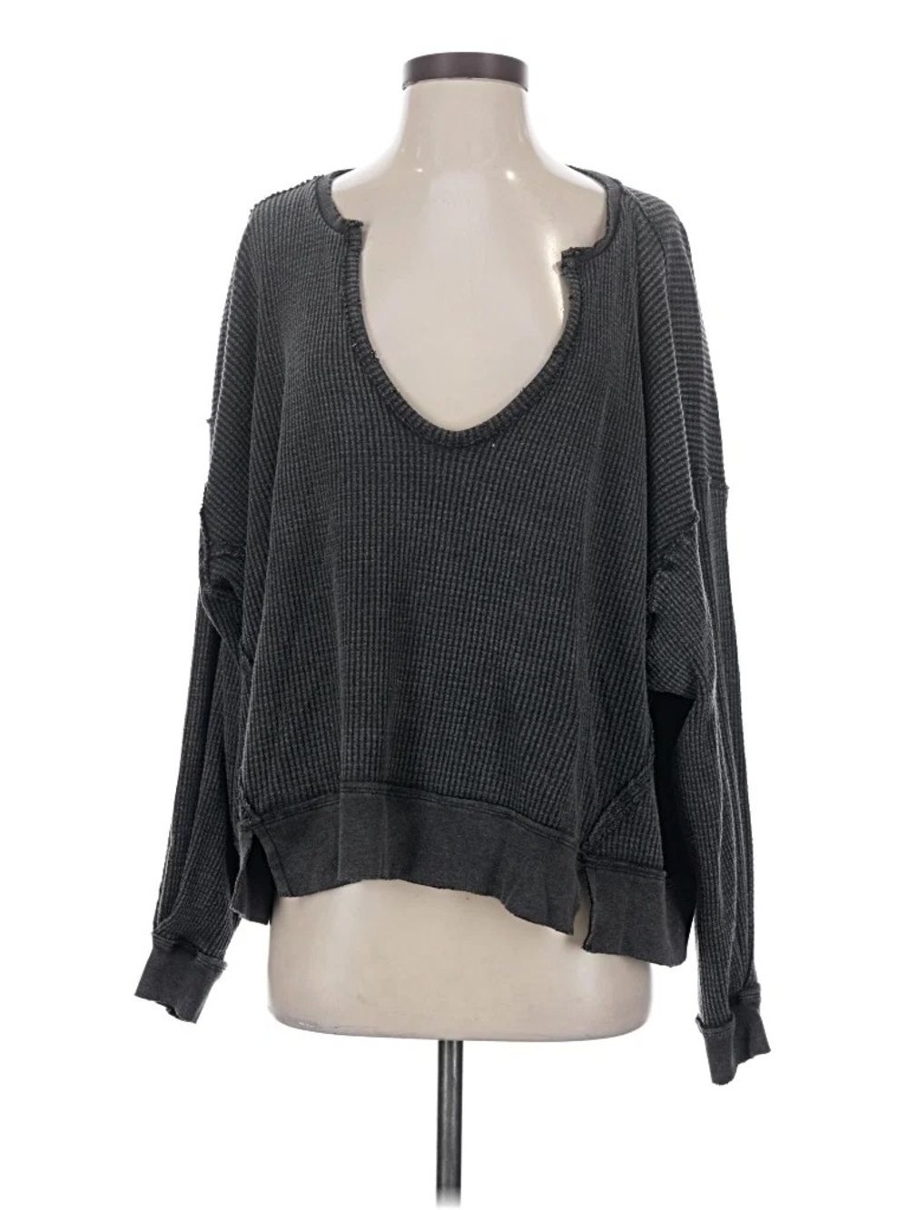 We The Free Black Waffle Knit V-Neck Pullover Top